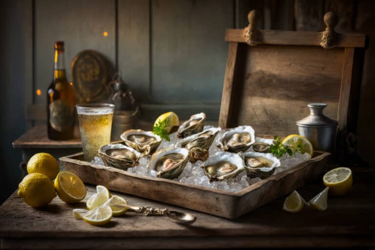 Oysters on ice with lemon wedges and bottle of beer.