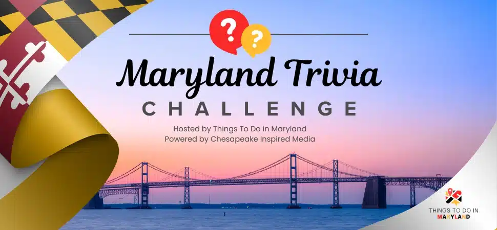 Maryland Trivia Challenge Icon over sunset view of the Bay Bridge